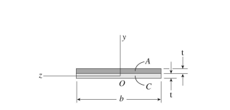  A bimetallic beam of aluminum  \left( E _ { a } = 70 \mathrm { GPa } \right)  \text { and copper } \left( E _ { c } = 110 \mathrm { GPa } \right)    strips has a width of b = 25 mm; each strip has a thickness of t = 1.5 mm. A bending moment of 1.75 N . m is applied about  The z axis. The ratio of the maximum stress in aluminum to that in copper is approximately:   A)  0.6 B)  0.8 C)  1.0 D)  1.5 