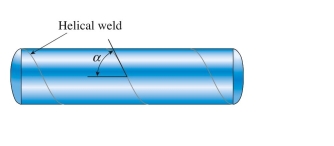 A cylindrical tank is assembled by welding steel sections in a helical pattern with angle   50°. Tank diameter is 1.6 m, thickness is 20 mm, and internal pressure is 2.75 MPa. Modulus     210 GPa and Poisson's Ratio ν 5 0.28. The longitudinal strain in the the wall of the tank is approximately:    <div style=padding-top: 35px> 