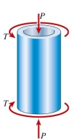  A segment of a drive shaft (  \left( d _ { 2 } = 200 \mathrm {~mm} , d _ { 1 } = 160 \mathrm {~mm} \right)   is subjected to a torque  T = 30 \mathrm { kN } \cdot \mathrm { m } \text {. The }  allowable shear stress in the shaft is 45 MPa. The maximum permissible compressive load  45 \mathrm { MPa }  P is approximately:    A)   200 \mathrm { kN }  B)   286 \mathrm { kN }  C)   328 \mathrm { kN }  D)   442 \mathrm { kN }   