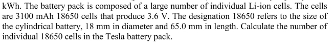 The Tesla Model S (performance version) has a total battery capacity of 85