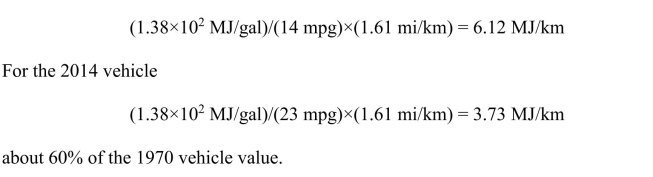 mpg. Gasoline yields 1.38×102 MJ/gal. The primary energy use per km travelled for the 1970 vehicle is