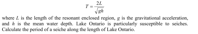 A seiche is a standing wave that occurs due to resonant conditions on the surface of lakes and enclosed ocean bays. It is the result of surface perturbations caused by phenomena such as seismic activities or weather conditions. The period of a seiche is approximated by the expression