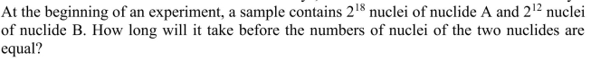 Nuclide A has a half-life of 4 days, and nuclide B has a half-life of 16 days.