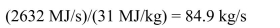 (a) 1000 MWe output at 38% efficiency requires 1000 MW)/(0.38) = 2632 MW thermal energy from the combustion of coal. Using an energy content of coal of 31 MJ/kg then the mass of coal required per second will be      