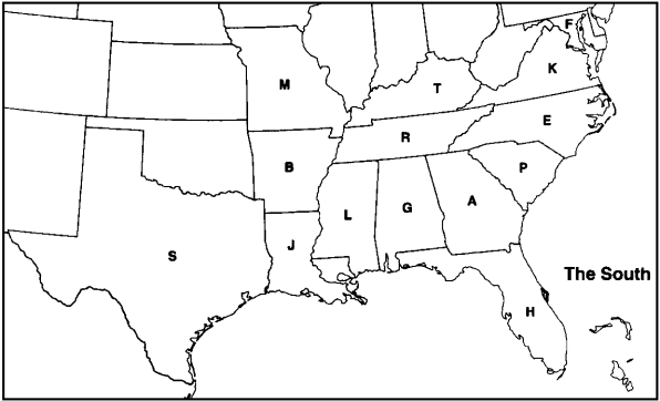 MAP QUESTIONS Instructions: Choose the letter on the accompanying map of the South that correctly identifies each of the following:    -Mississippi