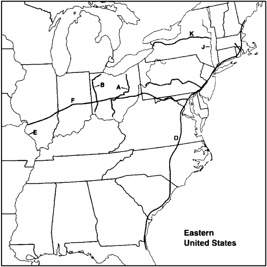 MAP QUESTIONS Instructions: Choose the letter on the accompanying map of the eastern United States that correctly identifies each of the following:    -Ohio Canal