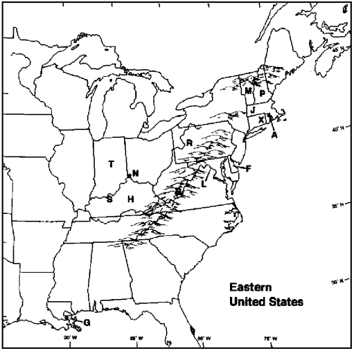 MAP QUESTIONS Instructions: Choose the letter on the accompanying map of the eastern United States that correctly identifies each of the following:    -Appalachian Mountains