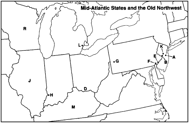 MAP QUESTIONS Instructions: Choose the letter on the accompanying map of the Mid-Atlantic States and Old Northwest that correctly identifies each of the following:    -Ohio River valley