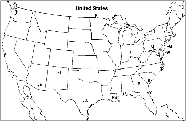 MAP QUESTIONS Instructions: Choose the letter on the accompanying map of the United States that correctly identifies each of the following:    -Charles Town, South Carolina