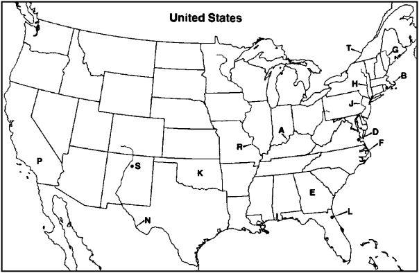 Instructions: Choose the letter on the accompanying map of the United States that correctly identifies each of the following:    -Jamestown, Virginia