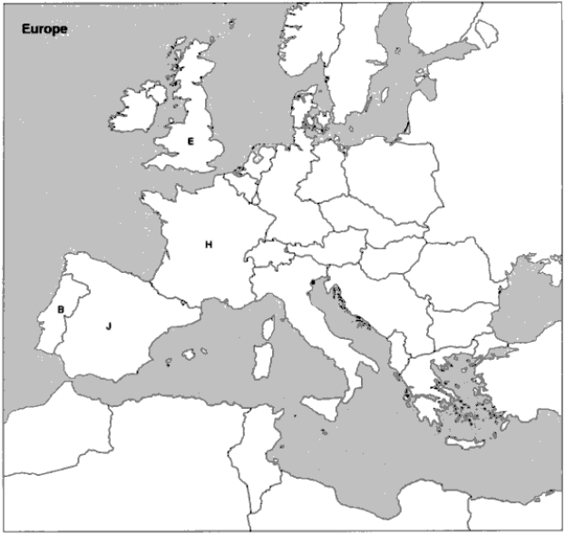 Instructions: Choose the letter on the accompanying map of Europe that correctly identifies each of the following:    -France