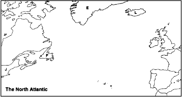 Instructions: Choose the letter on the accompanying map of the North Atlantic region that correctly identifies each of the following:    -New England