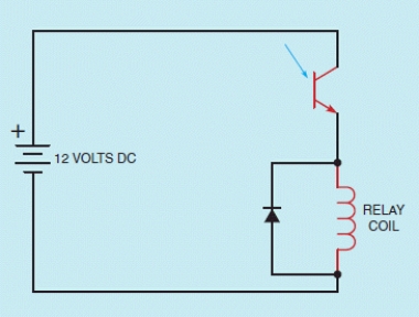 Figure 20-04   -The circuit in the accompanying figure shows a phototransistor used to turn on a relay coil. What is the difference when the phototransistor is in the presence of darkness versus light?