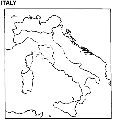 Instructions: Please use this outline map of Italy to answer the question(s).   -Locate the five major powers that emerged on the Italian peninsula: the kingdom of Naples and Sicily, the Papal States, Florence, Venice, and Milan.