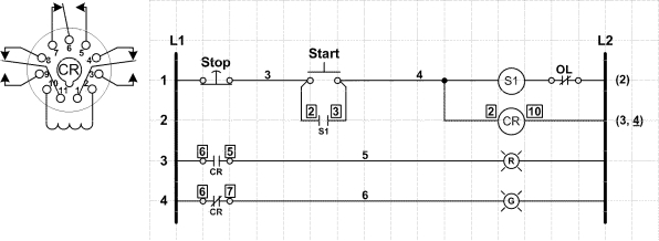   -In the accompanying figure, the control circuit uses a relay in place of auxiliary contacts to operate auxiliary contact-controlled status indicator lamps.