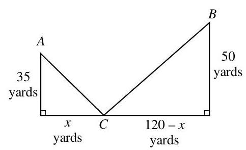 A sidewalk in a public park is to be constructed from a restroom at point A to the street at point C , and another sidewalk is to be constructed from point C to a swimming pool at point B . Distances are shown in the figure provided. Find the distance x which will minimize the combined length of the two sidewalks. What is the total length of the sidewalk to be constructed?