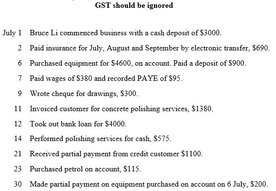 Bruce Li commenced his concrete polishing business on 1 July 2018, trading as Li Concrete Polishing. The transactions for his first month of business are given below. Bruce Li records the payments for insurance as a prepayment (Prepaid Insurance) and records the corresponding expenses on balance date.    Further information as at 31 July 2018: • Mobile telephone phone expenses of $400 were owing for July. An invoice had not been received on balance date. • The depreciation expense for the equipment for July is determined to be $270. • Insurance prepaid for August and September is $400. • Services performed but not invoiced amounted to $700. Prepare all of the journal entries for the above transactions (narrations are not required).