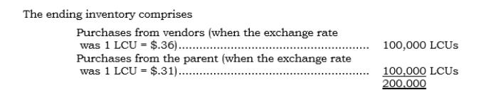 A foreign subsidiary has provided the following information with respect to its year-end inventories and cost of sales for 2006:    Additional information: a. The subsidiary's sales occurred evenly throughout the year.   b. The average exchange rate during the year was 1 LCU = $.40.  c. Purchases from vendors occurred during the first nine months, when the average rate was 1 LCU = $.42.  d. The intercompany purchases from the parent all occurred in the last three months, when the average exchange rate was 1 LCU = $.33. (The parent recorded these intercompany sales in its general ledger at $96,000.)  e. The current rate at 12/31/06 was 1 LCU = $.30.  f. The beginning inventory was reported at $50,000 in the 12/31/05 balance sheet (as expressed in U.S. dollars).  g. Assume that no lower-of-cost-or-market test in U.S. dollars need be performed at 12/31/06.  h.   Required:  a. Assuming that the foreign currency is the functional currency, determine the amounts at which the cost of sales for 2006 and inventory at 12/31/06 would be reported in U.S. dollars.  b. Same as Requirement a, but assume that the U.S. dollar is the functional currency.