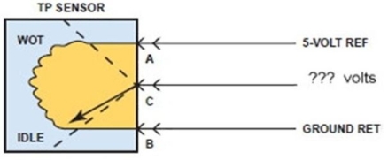 With the TP sensor in the position shown, what voltage would be expected at the signal wire (C) ?   A)  5.0 volts B)  0.5 volts C)  2.5 volts D)  Not enough information