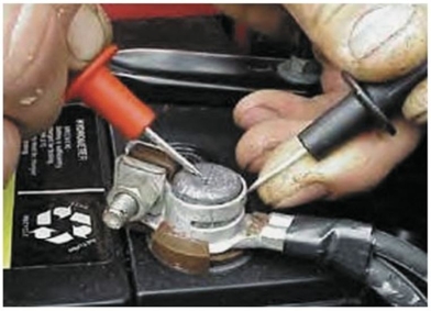 The voltmeter leads are connected as shown. A reading of 0.860 volts is observed while cranking the engine. What does this mean?   A)  This is an inconclusive test B)  This is a normal reading C)  The battery needs to be charged D)  The cable and post need to be cleaned