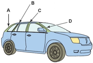 Which of these is commonly called the  B pillar ?   A) A B) B C) C D) D