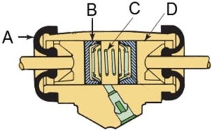 <strong>Which of the following arrows indicates the wheel cylinder cup?  </strong> A)A B)B C)C D)D <div style=padding-top: 35px> 