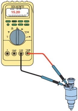 What test is being performed here?   A) Injector pressure drop B) Injector voltage drop C) Injector temperature D) Injector resistance