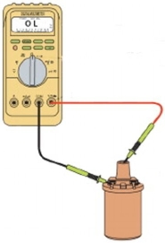 A coil is being checked, with the following results. What does the reading mean?   A) The coil is overloaded. B) The coil secondary is open. C) The coil primary is open. D) Not enough information.