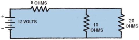 Calculate the current flow in this circuit. (Round off to 2 decimal points.)    A) About 0.33 amps B) About 3 amps C) About 0.95 amps D) About 1.05 amps