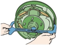 <strong>What is the technician checking in this illustration?  </strong> A)Shoe diameter B)Shoe conicity C)Shoe-to-backing plate clearance D)Shoe-to-drum clearance <div style=padding-top: 35px> 