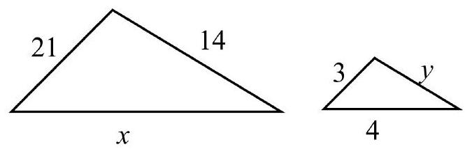  Find the missing lengths in the pair of similar triangles.   A)   x=28, y=3  B)   x=35, y=2  C)   x=28, y=4  D)   x=28, y=2
