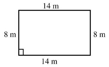  in the next problems, find the perimeter and area of each figure. -  A)   P=22 \mathrm{~m}, \quad A=122 \mathrm{~m}^{2}  B)   P=22 \mathrm{~m}, A=56 \mathrm{~m}^{2}  C)   P=44 \mathrm{~m}, A=112 \mathrm{~m}^{2}  D)   P=44 \mathrm{~m}, A=56 \mathrm{~m}^{2}