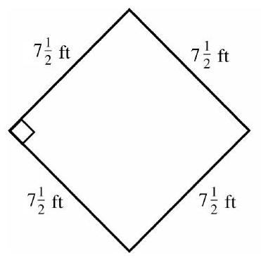  in the next problems, find the perimeter and area of each figure. -  A)   P=30 \mathrm{ft}, A=56.25 \mathrm{ft}^{2}  B)   P=30 \mathrm{ft}, A=28.125 \mathrm{ft}^{2}  C)   P=15 \mathrm{ft}, A=56.25 \mathrm{ft}^{2}  D)   P=15 \mathrm{ft}, A=28.125 \mathrm{ft}^{2}