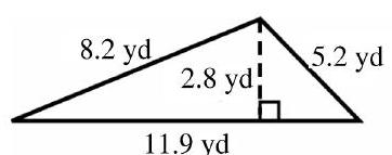  in the next problems, find the perimeter and area of each figure. -  A)   P=25.3 \mathrm{yd}, A=16.66 \mathrm{yd}^{2}  B)   P=25.3 \mathrm{yd}, A=33.32 \mathrm{yd}^{2}  C)   P=38.7 \mathrm{yd}, A=16.66 \mathrm{yd}^{2}  D)   P=28.1 \mathrm{yd}, A=18.76 \mathrm{yd}^{2}