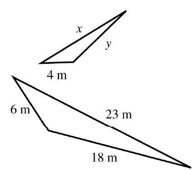  in the next problems, find the unknown length(s) . Round your answer(  s  )  to the nearest tenth when necessary. In the second Problem, assume that the triangles are similar. -  A)   x=34.5 \mathrm{~m}, y=27 \mathrm{~m}  B)   x=15.3 \mathrm{~m}, y=12 \mathrm{~m}  C)   x=12 \mathrm{~m}, y=15.3 \mathrm{~m}  D)   x=27 \mathrm{~m}, y=34.5 \mathrm{~m}