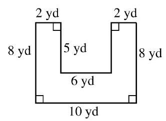  in the next problems, find the perimeter and area of each figure. -  A)   P=46 \mathrm{yd}, A=62 \mathrm{yd}^{2}  B)   P=41 \mathrm{yd}, A=50 \mathrm{yd}^{2}  C)   P=46 \mathrm{yd}, A=50 \mathrm{yd}^{2}  D)   P=41 \mathrm{yd}, A=92 \mathrm{yd}^{2}