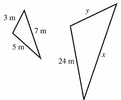  in the next problems, find the unknown length(s) . Round your answer(s)  to the nearest tenth when necessary. In the second Problem, assume that the triangles are similar. -  A)   x=33.6 \mathrm{~m}, y=14.4 \mathrm{~m}  B)   x=14.4 \mathrm{~m}, y=33.6 \mathrm{~m}  C)   x=8.6 \mathrm{~m}, y=5.1 \mathrm{~m}  D)   x=5.1 \mathrm{~m}, y=8.6 \mathrm{~m}