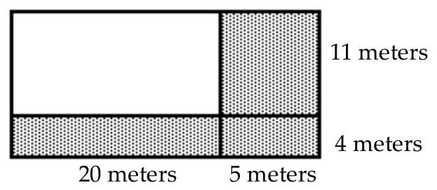 Find the area of the shaded region. -  A)  114 square meters B)  224 square meters C)  104 square meters D)  36 square meters