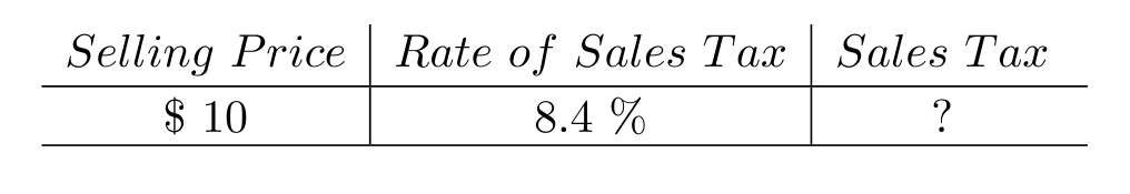 Compute the sales tax. Round to the nearest cent, if necessary. - A) \$ 8.40 B) \$ 0.84 C) \$ 8.90 D) \$ 84.00