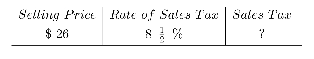 Compute the sales tax. Round to the nearest cent, if necessary. - A) \$ 2.11 B) \$ 2.21 C) \$ 2.26 D) \$ 2.41