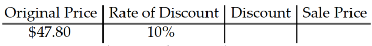 Compute the discount and sale price. Round to the nearest cent. -  A)  Discount: $5.26, Sale Price: $42.54 B)  Discount: $4.30, Sale Price: $43.50 C)  Discount: $2.39, Sale Price: $45.41 D)  Discount: $4.78, Sale Price: $43.02