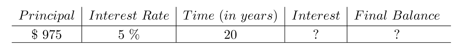  Calculate the simple interest and the final balance. Round to the nearest cent, if necessary. -  A)  Interest:  \$ 935.00 ; Final Balance:  \$ 1910.00  B)  Interest:  \$ 955.00 ; Final Balance:  \$ 1930.00  C)  Interest:  \$ 975.00 ; Final Balance:  \$ 1950.00  D)  Interest: $964.50; Final Balance:  \$ 1939.50