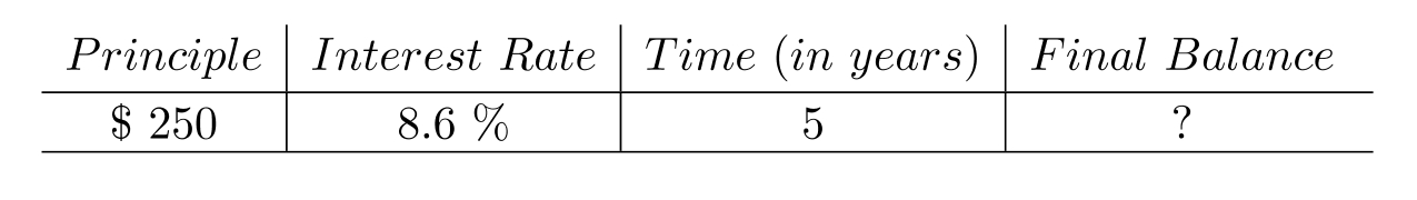  Calculate the final balance after compounding the interest. Round to the nearest cent, if necessary. -  A)  Final Balance:  \$ 377.65  B)  Final Balance:  \$ 107.50  C)  Final Balance:  \$ 379.01  D)  Final Balance:  \$ 378.17