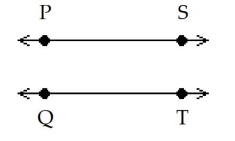 <strong>Choose the appropriate sketch for the indicated geometric object. -Parallel lines \overleftrightarrow{\mathrm{PQ}} and \overleftrightarrow{\mathrm{ST}} </strong> A) B) C) D)