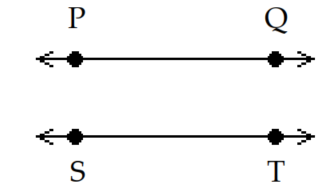 <strong>Choose the appropriate sketch for the indicated geometric object. -Parallel lines \overleftrightarrow{\mathrm{PQ}} and \overleftrightarrow{\mathrm{ST}} </strong> A) B) C) D)