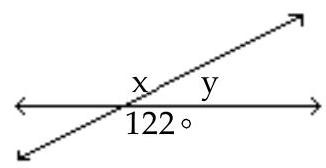 <strong>Find the measure of the missing angle(s). - </strong> A) x=132^{\circ} y=48^{\circ} B) x=122^{\circ} y=58^{\circ} C) x=58^{\circ} y=122^{\circ} D) x=32^{\circ} y=148^{\circ}