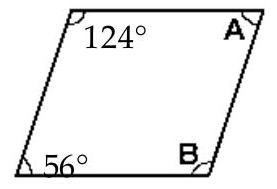 <strong>Find the measure of the missing angle(s). - Parallelogram</strong> A) \mathrm{A}=124^{\circ}, \mathrm{B}=56^{\circ} B) \mathrm{A}=-34^{\circ}, \mathrm{B}=214^{\circ} C) \mathrm{A}=236^{\circ}, \mathrm{B}=304^{\circ} D) \mathrm{A}=56^{\circ}, \mathrm{B}=124^{\circ}