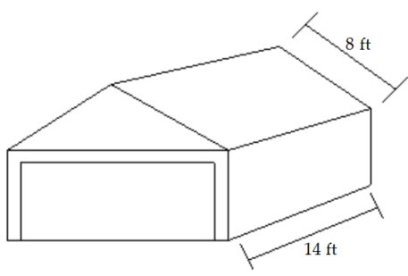  Solve area problem. -Find the total area of the roof of the garage.   A)   336 \mathrm{ft}^{2}  B)   224 \mathrm{ft}^{2}  C)   44 \mathrm{ft}^{2}  D)   112 \mathrm{ft}^{2}