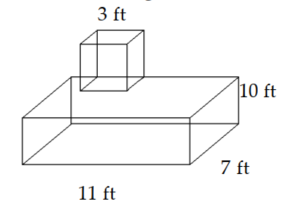  Find the volume of the composite figure. Round to the nearest hundredth if necessary. -Cube on rectangular solid   A)   797 \mathrm{ft}^{3}  B)   2310 \mathrm{ft}^{3}  C)   743 \mathrm{ft}^{3}  D)   37 \mathrm{ft}^{3}