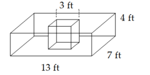  Find the volume of the composite figure. Round to the nearest hundredth if necessary. -Cube out of rectangular solid   A)   1092 \mathrm{ft}^{3}  B)   391 \mathrm{ft}^{3}  C)   337 \mathrm{ft}^{3}  D)   33 \mathrm{ft}^{3}